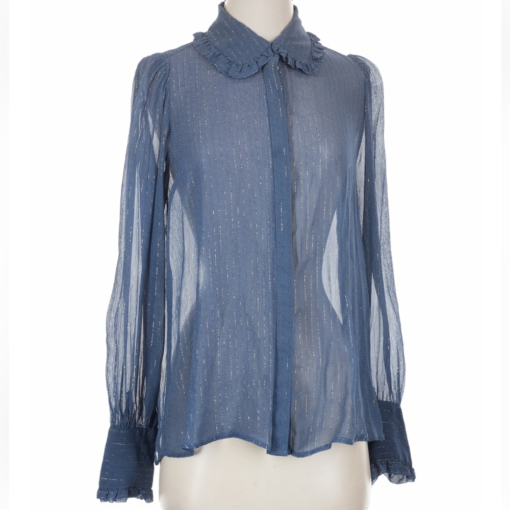 7 For All Mankind sheer blue Blouse with lured pinstripe & Ruffle details